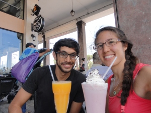 Drinks after visiting the Mosque, Orange Juice and Strawberry Milkshake!